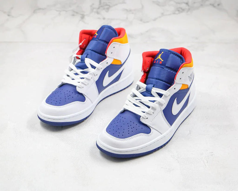 Tênis Nike Air Jordan 1 Mid White Laser Orange Deep Royal Blue