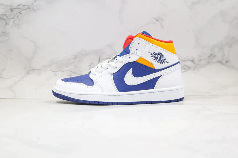 Tênis Nike Air Jordan 1 Mid White Laser Orange Deep Royal Blue